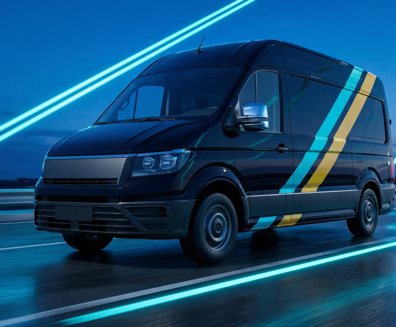 Illustratives Keyvisual: dunkler Transporter mit cyan-gelber Beklebung in Fahrt