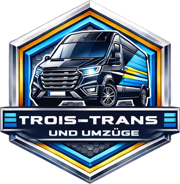 Logo von Trois-Trans und Umzüge: silbern konturiertes Hexagon-Wappen mit schwarzem Transporter